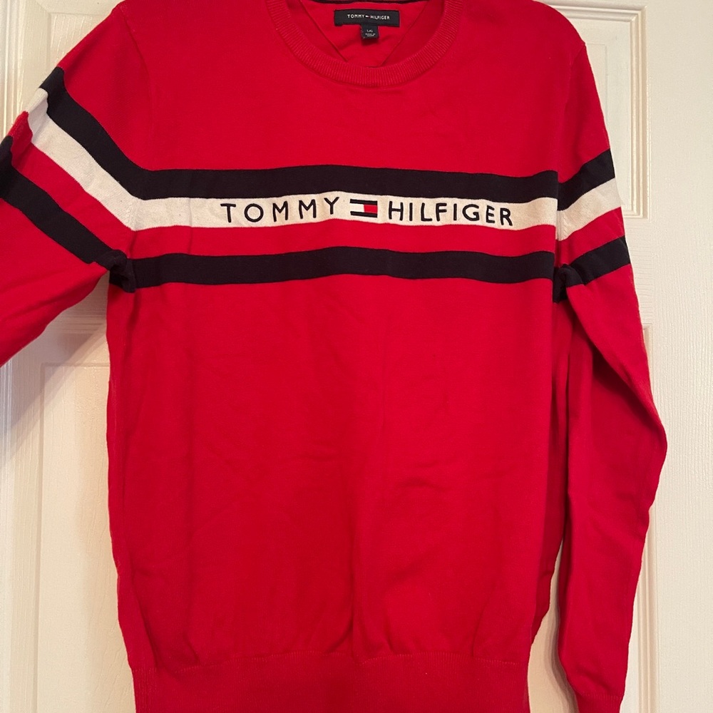 Tommy Hilfiger Red Crewneck Sweater with Stripe Design